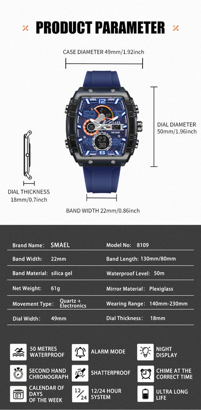 SMAEL Brand 8109 New electronic watch fashion square dual display waterproof luminous Multi-color For Men