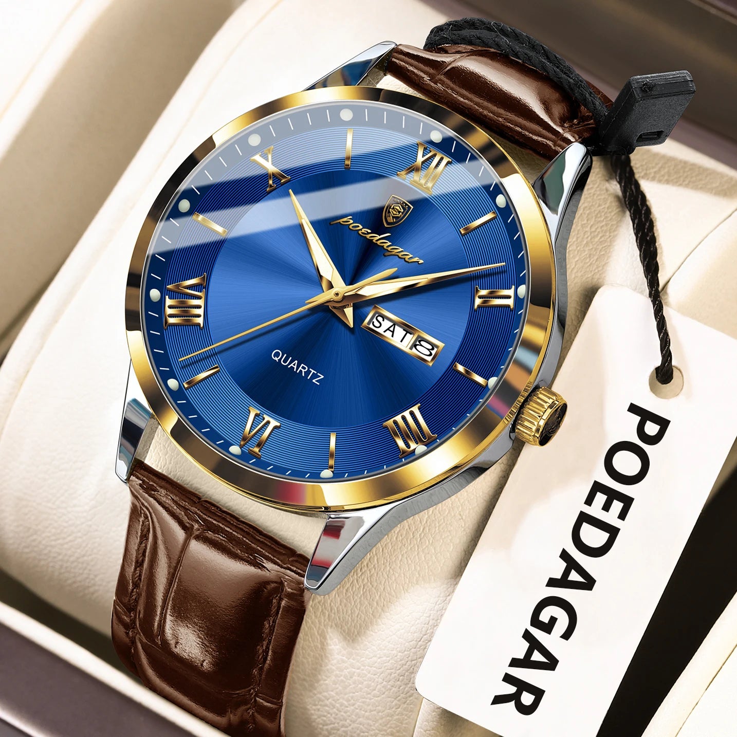 POEDAGAR Business Brand Men Clock Waterproof Luminous Date Week Fashion Man Wristwatch Leather Luxury Men's Quartz Watches Reloj