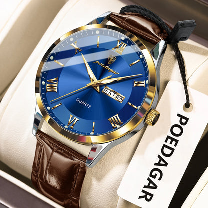 POEDAGAR Business Brand Men Clock Waterproof Luminous Date Week Fashion Man Wristwatch Leather Luxury Men's Quartz Watches Reloj