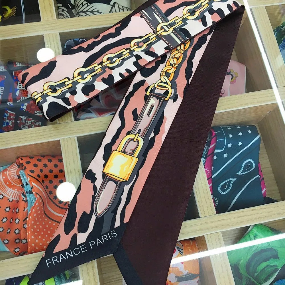 120*5cm Plant Jungle Printed Scarf for Women's Spring Summer New Model Emulated Silk Streamer Fashionable Retro Hairband Streame