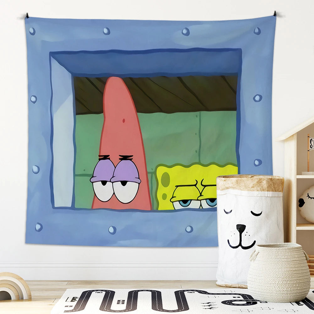 Potdemiel SpongeBob Octopus Brother Cartoon Hanging Cloth Bedroom Wall Decoration Background Cloth Cute and Funny Tapestry