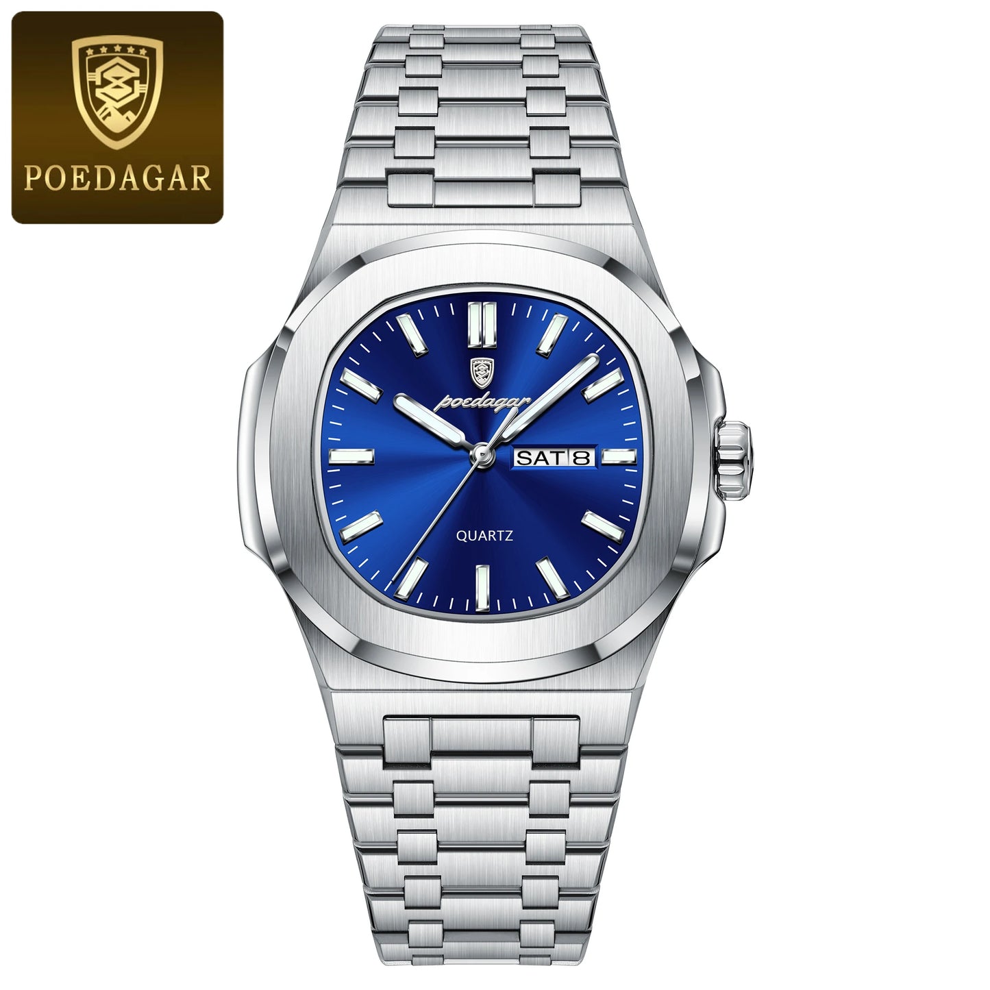 POEDAGAR Square Luxury Men's Wristwatch Luminous Waterproof Stainless Steel Male Clock Week Date Original Quartz Watches For Men