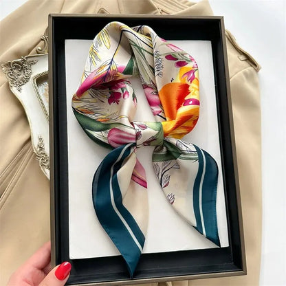 Luxury Print imitation Silk Square Scarf Women Spring Neck Tie Shawl Wraps Female Hair Hand Wrist Headkercheif Hijab Bandana