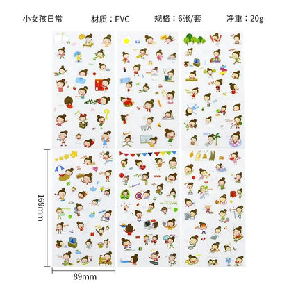 6Pieces/Set Transparent Pvc Waterproof Cartoon Sticker DIY Hand Account Decorative Stickers Kawaii Phone Cup Stickers