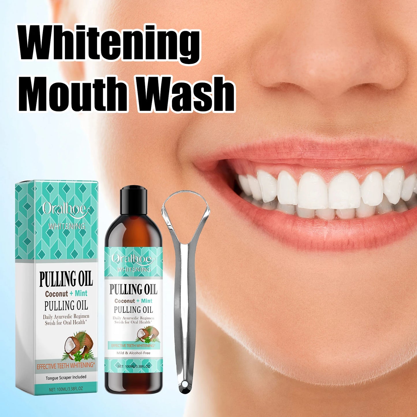 Coconut Mint Pulling Oil Mouthwash Kit With Tongue Scraper Fresh Oral Breath Odor Removal Alcohol-Free Whiten Tool Mouth Care