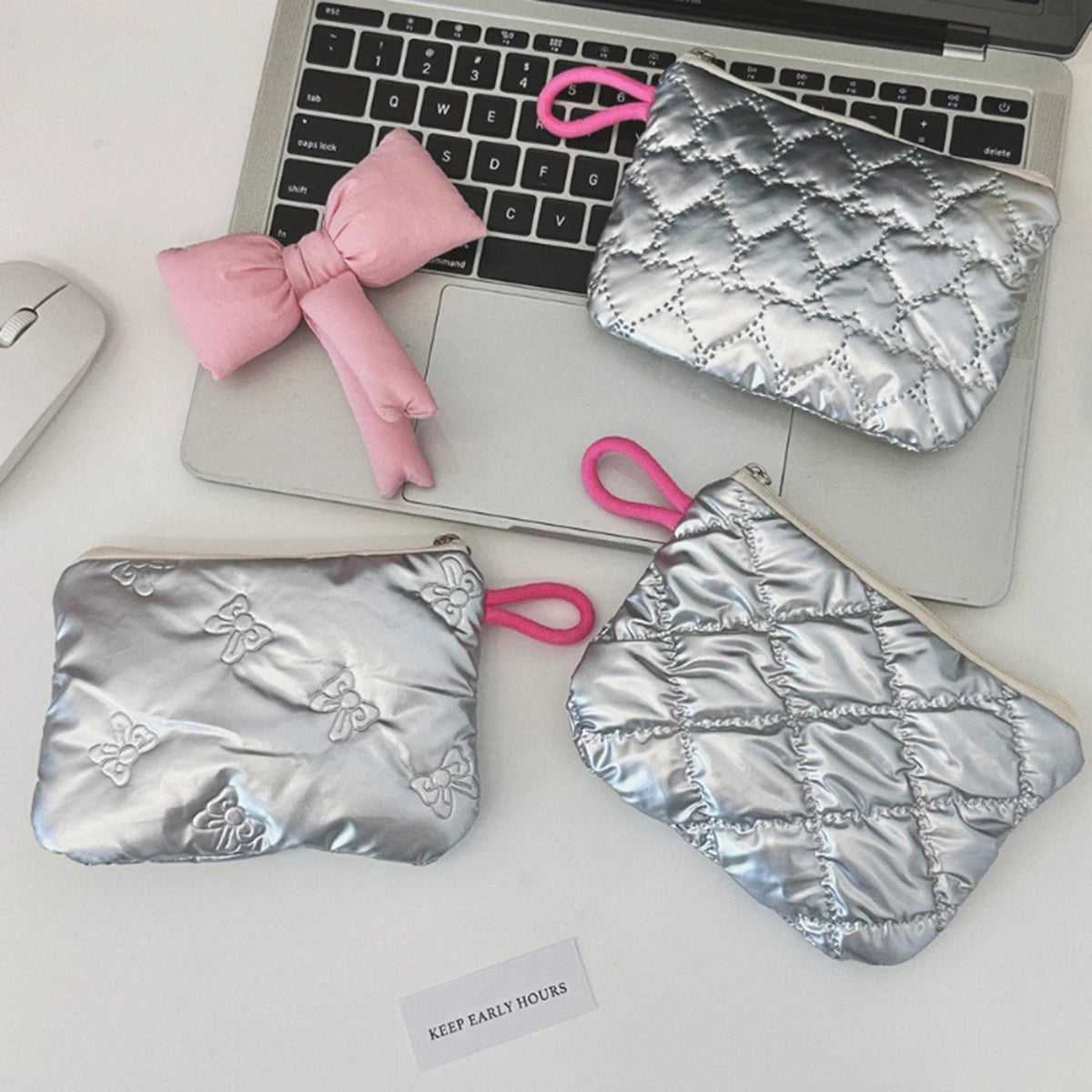 Silver Lingge Bow Pattern Coin Purses Small Canvas Coin Wallet Lady Girls Earphone Coin Key Money Storage Bag Zipper Pouch