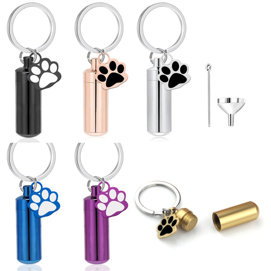 Pet Urns Keychain Paw Print Cylinder Urn Pendant Keychain for Dog Ashes Puppy Kitten Ashes Keepsake Cremation  Memorial Pendant