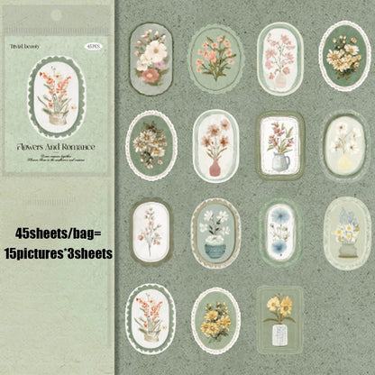 Mr. Paper 45pcs Serene Florals Sticker Pack - Boxed Flower Theme Collection, DIY Journal Collage Decor Set, Literary Stationery