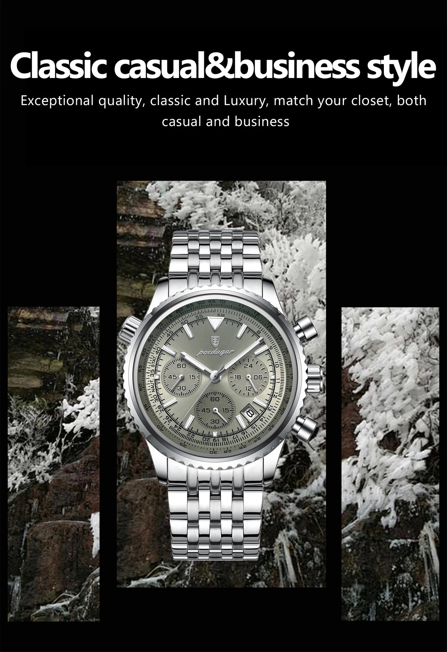 POEDAGAR Luxury Fashion Men Watch Stainless Steel Waterproof Luminous Quartz Male Clock Date Chronograph Military Men's Watches