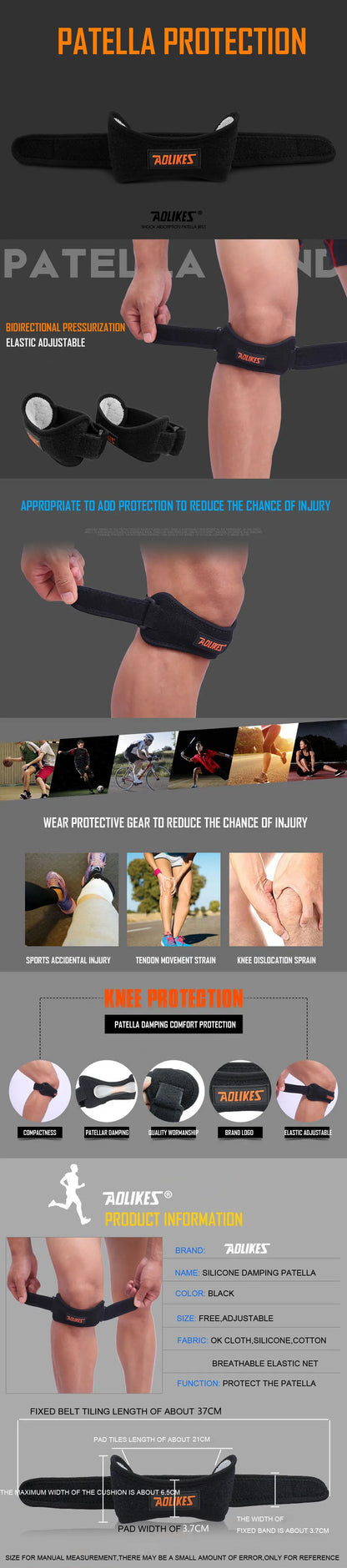 AOLIKES 1PCS Knee Braces for Knee Pain,Patella Knee Support Strap,Adjustable Patellar Tendon Stabilizer Band for Basketball