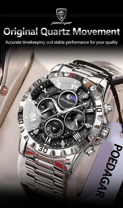 POEDAGAR Luxury Man Watch Waterproof Luminous Stainless Steel Quartz Men's Wristwatch Chronograph Military Watches For Men Reloj