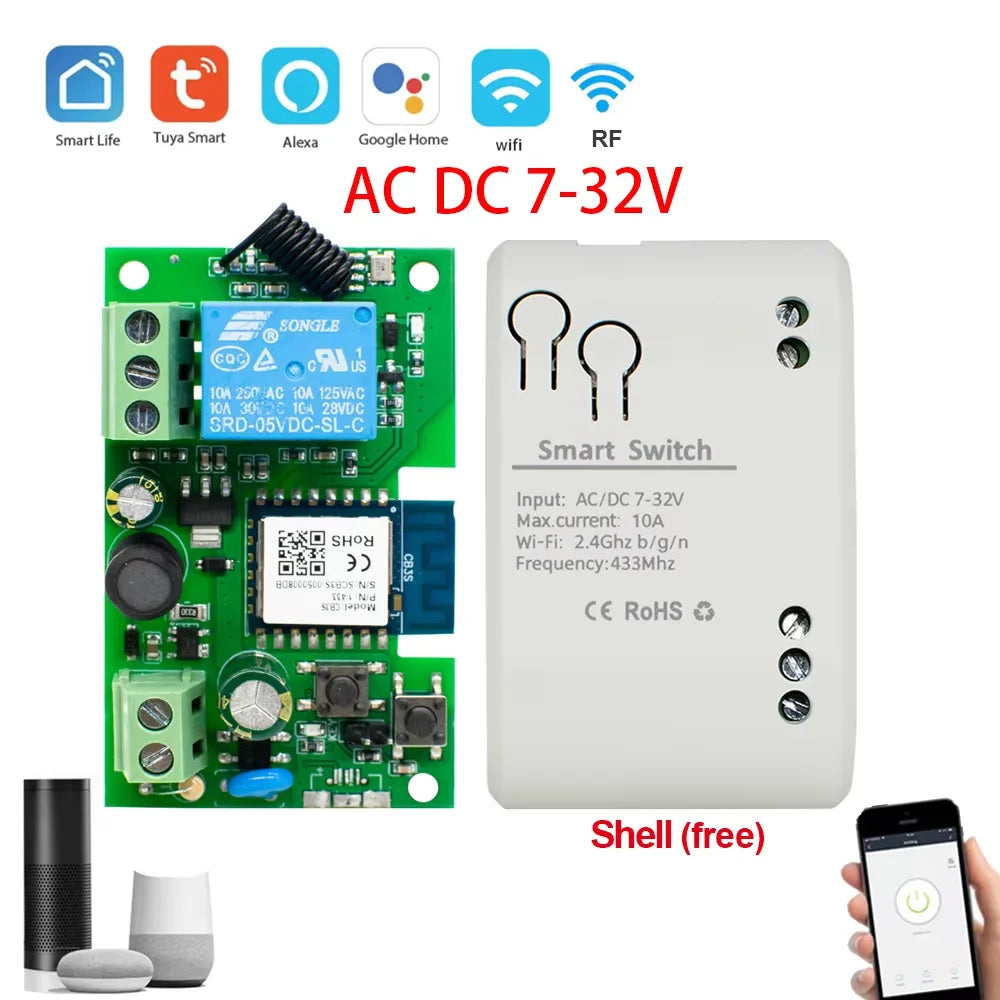 Tuya WIFI Smart Garage Gate Electric Door Access Motor Switch DC 12V 24V 32V AC 220V 1/2CH Pulse Relay Module RF433 Remote Alexa