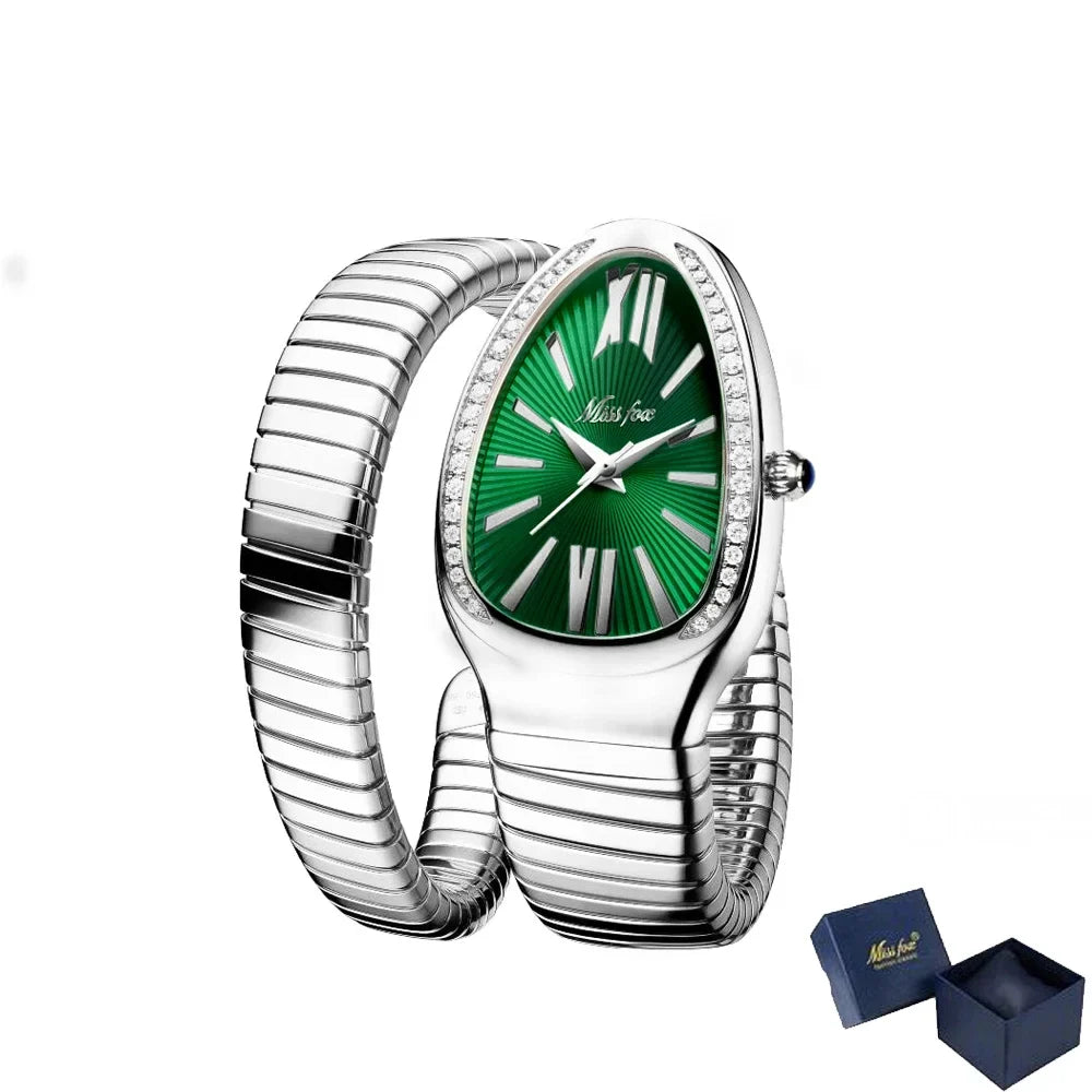 Elegant Snake Shape Women’s Watch - Gold & Silver Scalable Bracelet with Bling Diamonds, Quartz Ladies Wristwatch