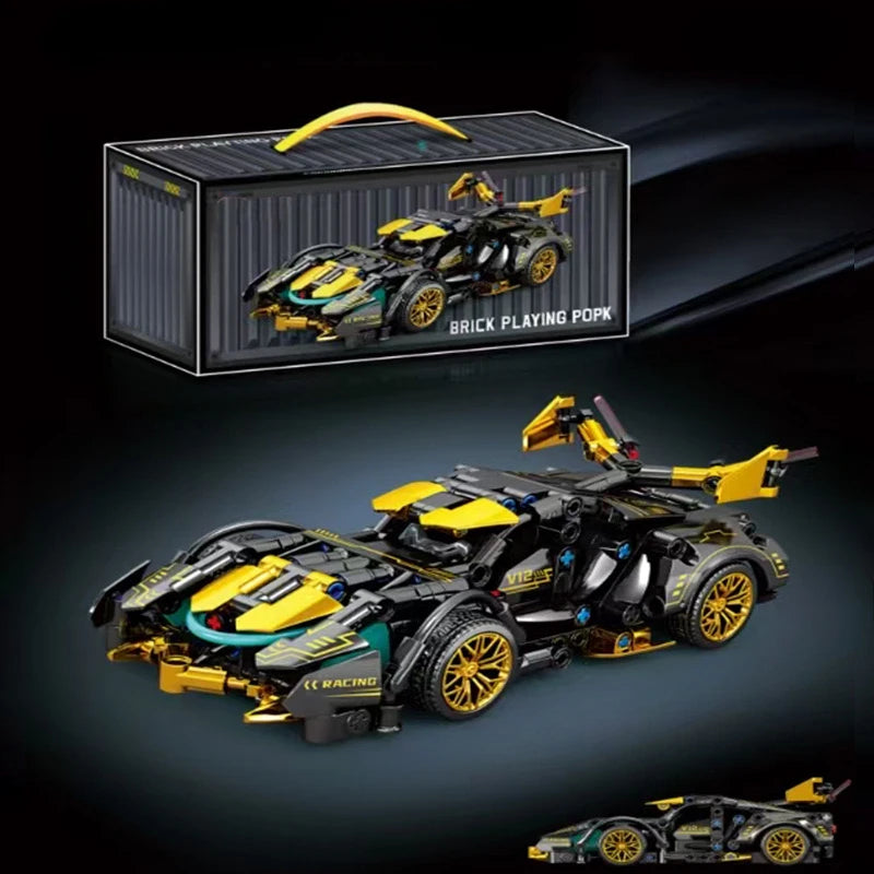 2026 Hot Building Block Racing Car V12 Building Block Car Black and Gold Accessories Fine Desktop Wooden Model Car Birthday Gift