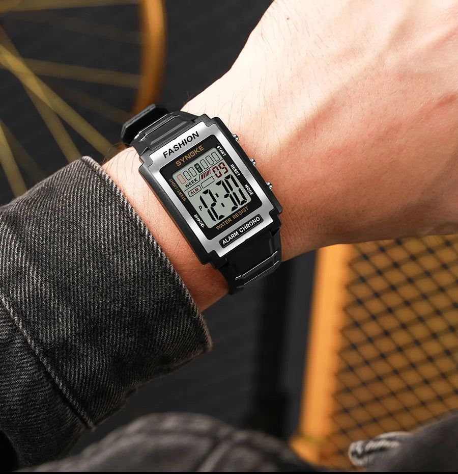 SYNOKE Men Rectangular Sports Electronic Watch Waterproof 50M Night Light Large Screen Alarm Clock Trend Retro Style