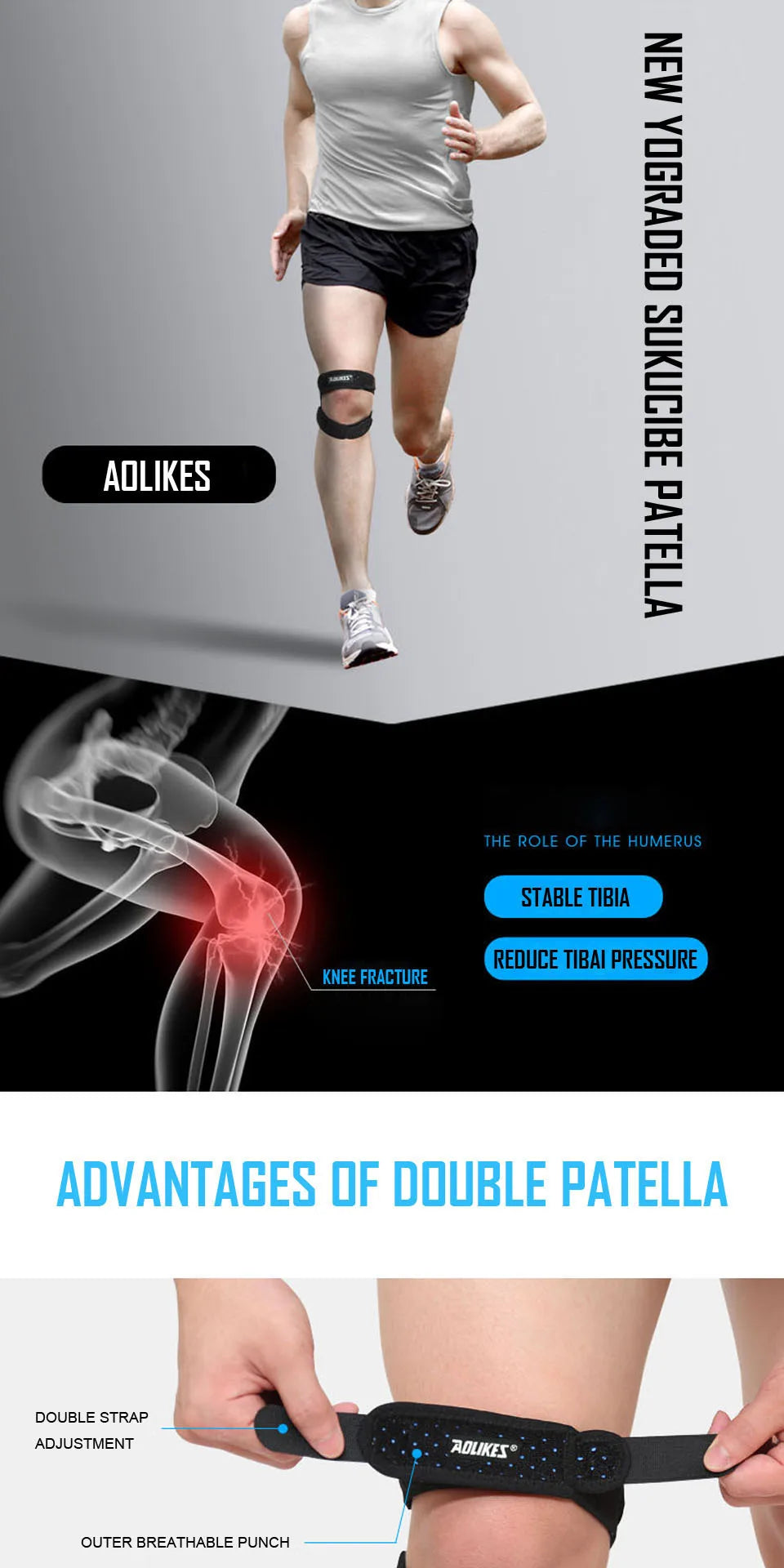 AOLIKES 1PCS Pressurized Knee Wrap Sleeve Support Bandage Pad Elastic Braces Knee Hole Kneepad Safety Basketball Tennis Cycling