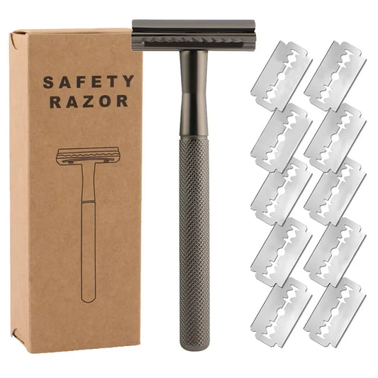 Double Edge Safety Razor for Men & Women, Metal Razor with 10 Platinum Coated Safety Razor Blades, Eco-Friendly Razor