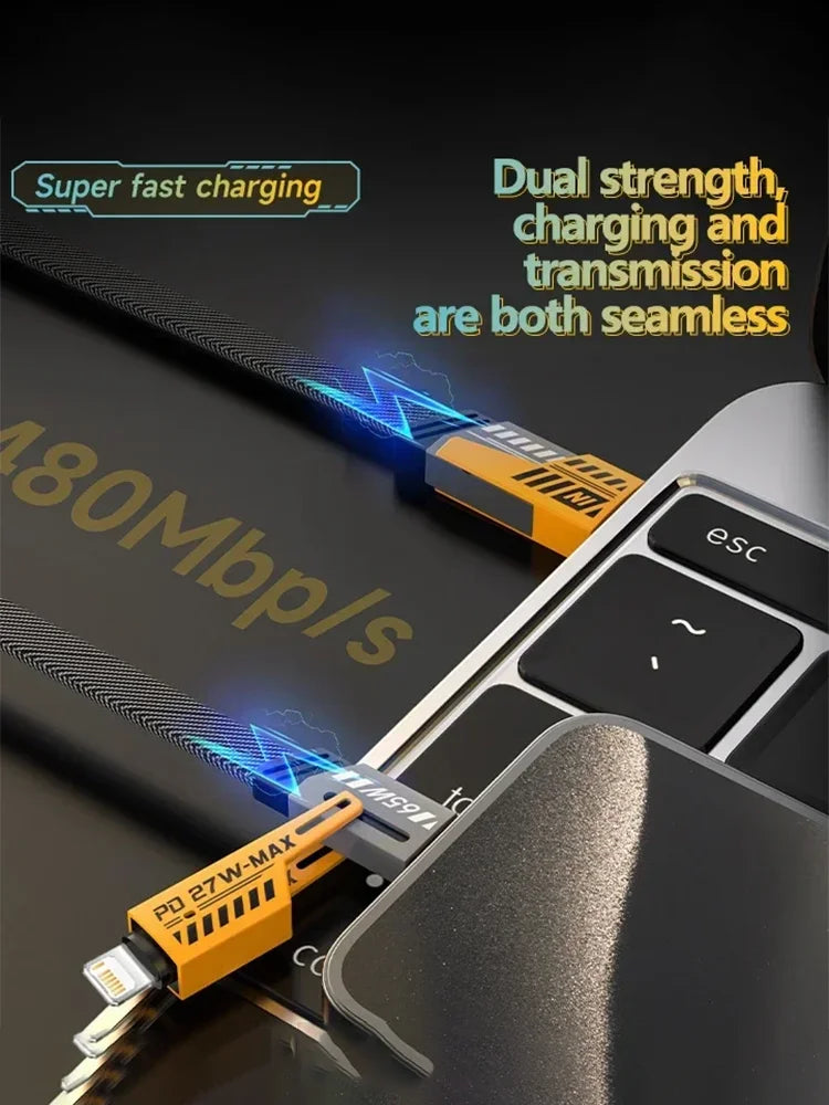 4-in-1 Fast Charging Cable, 65W PD QC Charging Cable with Multiple Connectors, Suitable for Android/iPhone