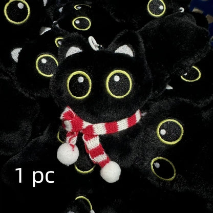 New Kawaii Big Eyes Cat Plush Doll With Scarf Black Cat Keychain Bag Pendant Cartoon Kitten Ornament Festival Gift For Friends