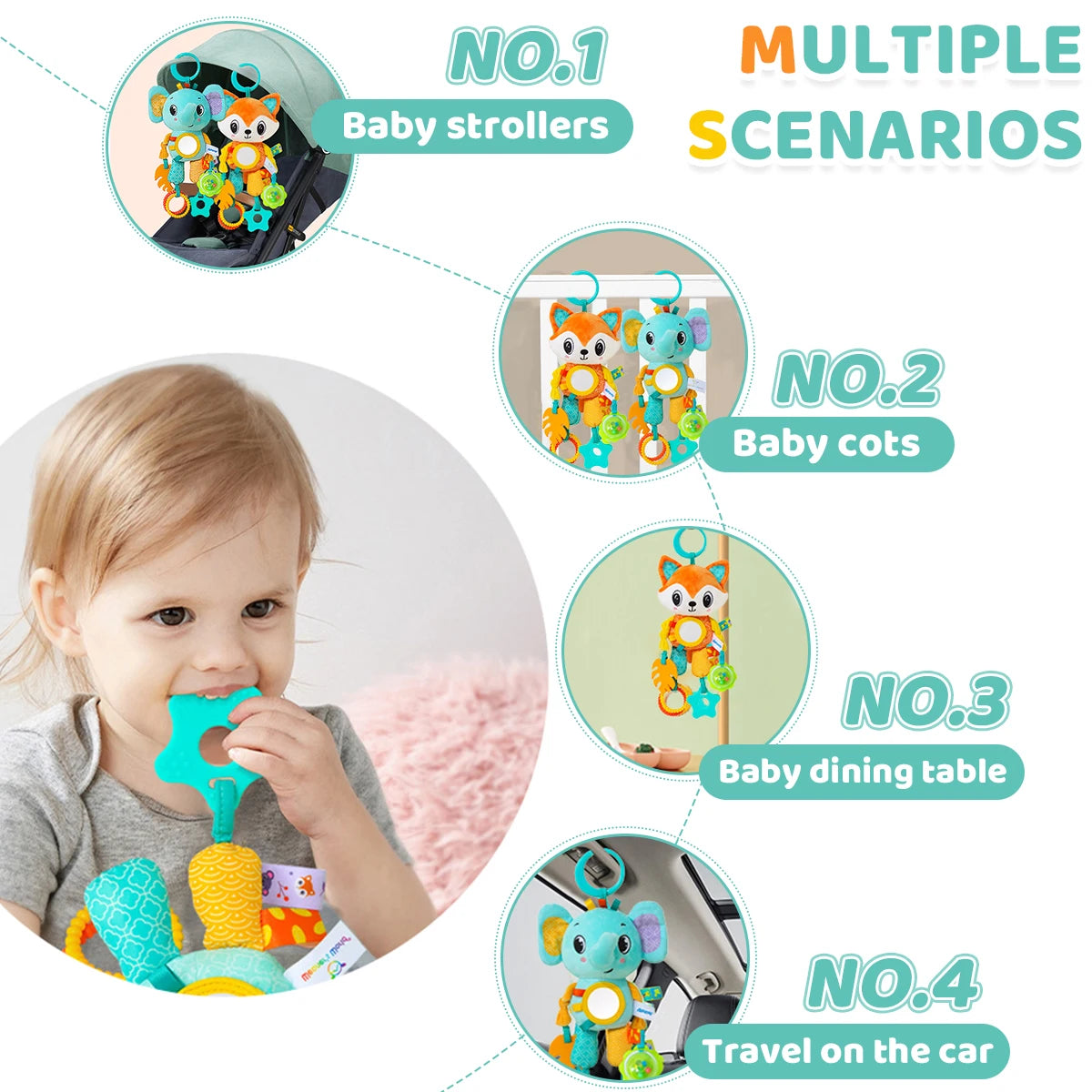 Soft Hanging Crinkle Squeaky Sensory LearningToy Stroller Car Seat Crib Travel Plush Animal Wind Chime with Teether Boys Girls