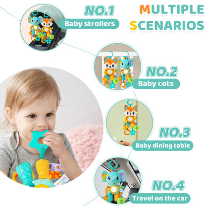 Soft Hanging Crinkle Squeaky Sensory LearningToy Stroller Car Seat Crib Travel Plush Animal Wind Chime with Teether Boys Girls