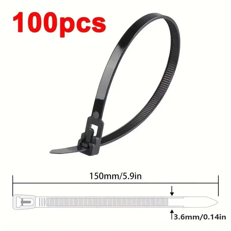 100 Reusable Cable Ties, Cable Lock Loop Nylon Ties Removable, Recyclable, Mixed Colours, Black, White