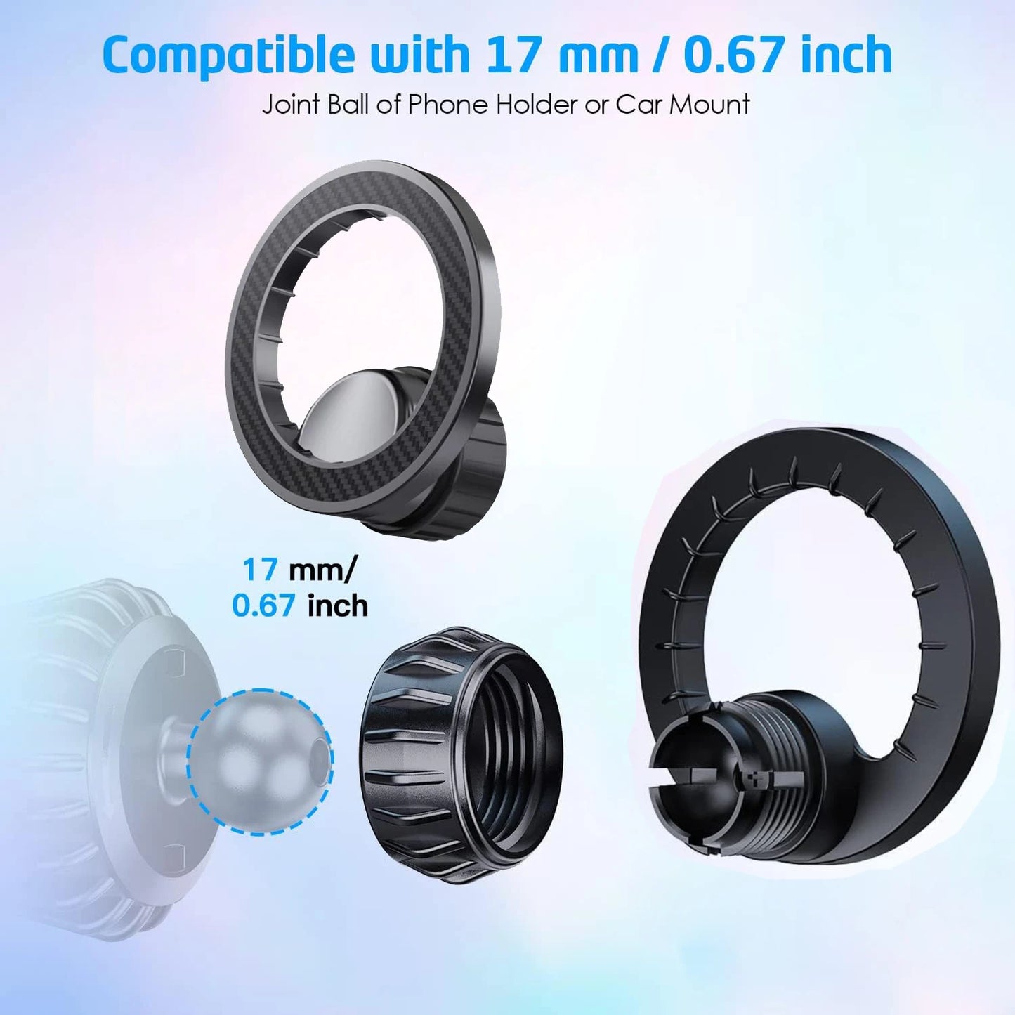 Magnetic Ring Phone Holder Mount 360° Adjustable - 17mm Ball Head Compatible iPhone 17-12 for Car Vent Dashboard Windshield