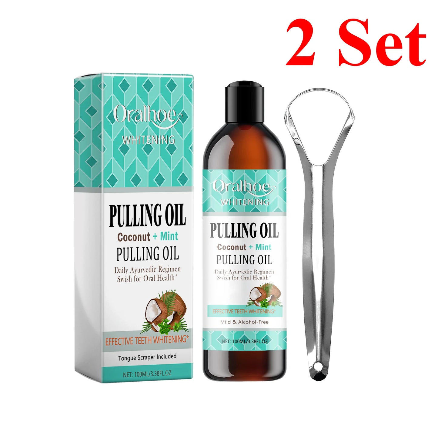 Coconut Mint Pulling Oil Mouthwash Kit With Tongue Scraper Fresh Oral Breath Odor Removal Alcohol-Free Whiten Tool Mouth Care