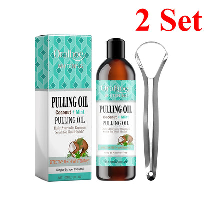Coconut Mint Pulling Oil Mouthwash Kit With Tongue Scraper Fresh Oral Breath Odor Removal Alcohol-Free Whiten Tool Mouth Care