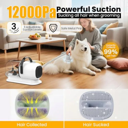 Dog Grooming Vacuum All-in-One Pet Grooming Kit with Hair Clipper and Shedding Brush Low Noise 12 000Pa Dog Hair Remover Vacuum