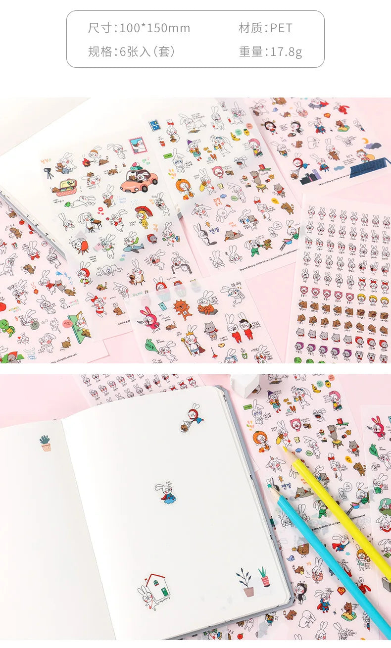 6Pieces/Set Transparent Pvc Waterproof Cartoon Sticker DIY Hand Account Decorative Stickers Kawaii Phone Cup Stickers