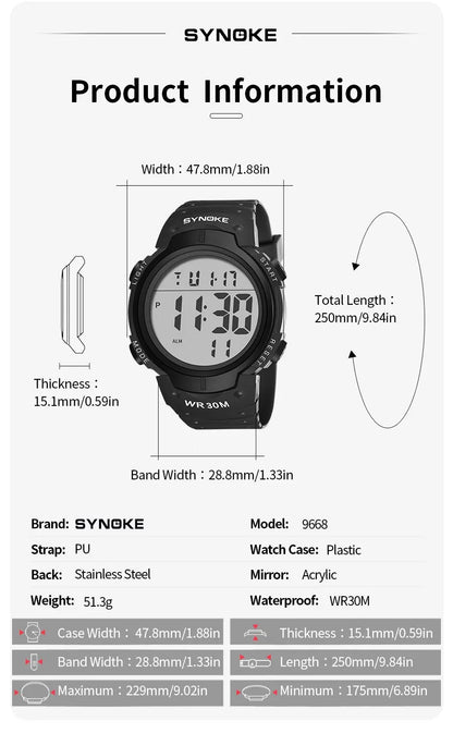 SYNOKE Outdoor Sport Watch 30M Waterproof Digital Men Fashion MultiFunction Waterproof Digital Watch Men