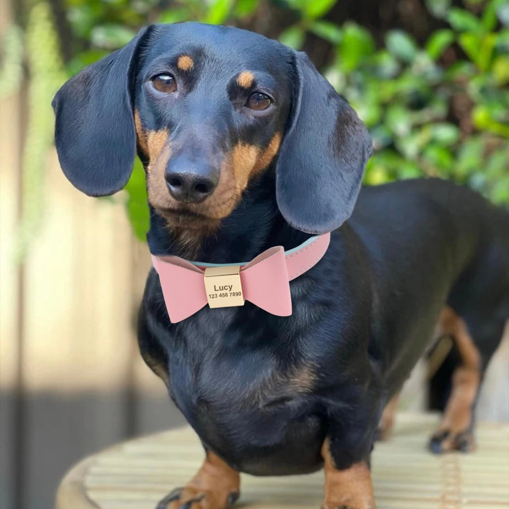 Custom PU Leather Dog Collar Soft Bowknot Pet Collars Engraved Name Puppy Cat Necklace Anti-lost for Small Medium Large Dogs Pug