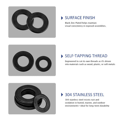10-50pcs/pack Black 304 Stainless Steel Flat Washers M1.6 M2 M2.5 M3 M4 M5 M6 M8 M10 Plain Washers Gasket Ring GB98