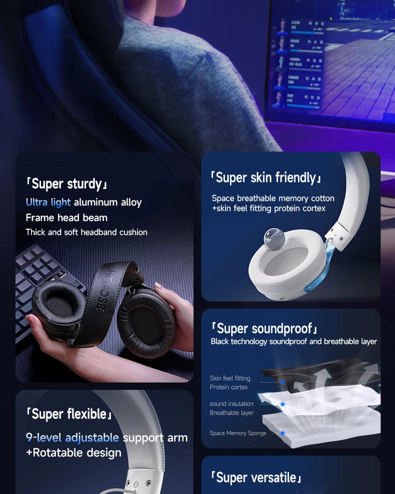 MCHOSE V9 pro E-Sports Headset with Microphone Tri-Mode Gaming USB Wireless 7.1 Channel Surround Sound Portable Audio Headphones