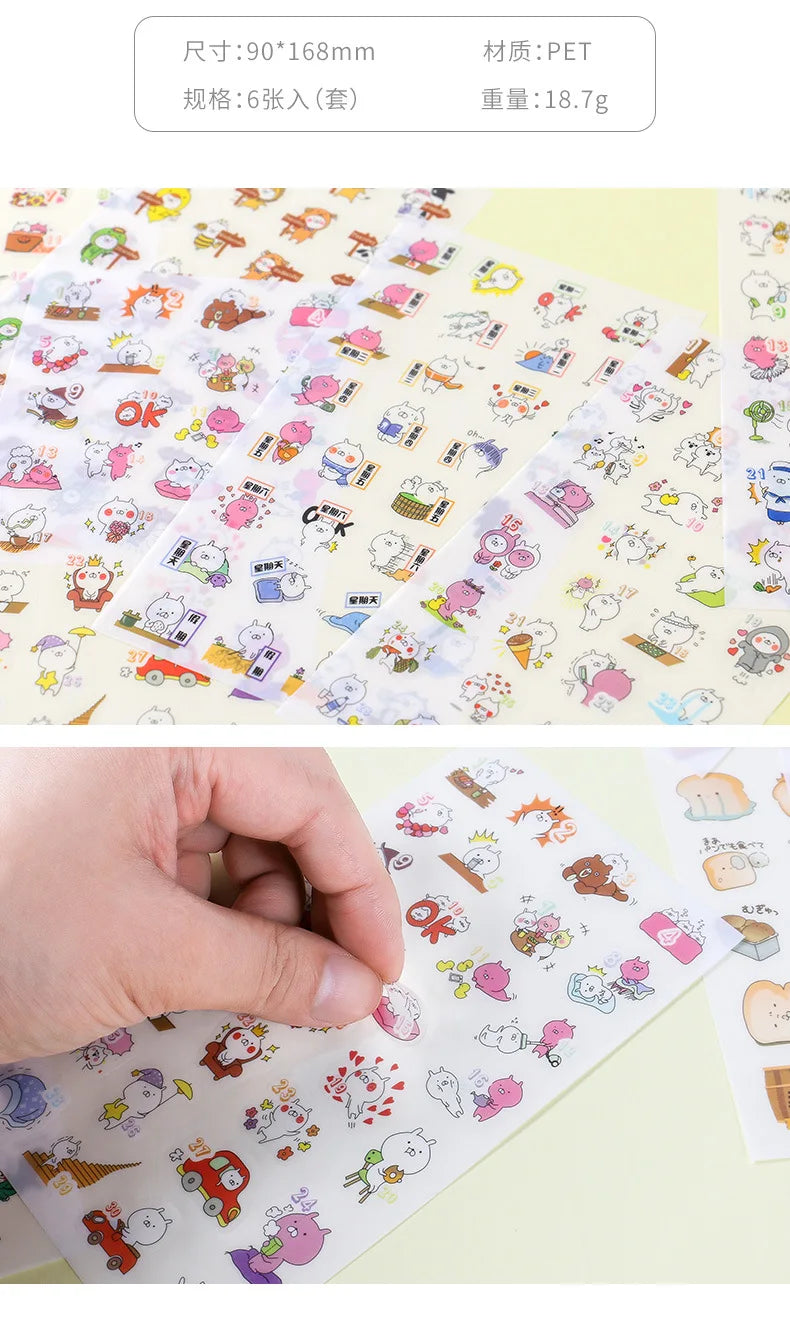6Pcs/Lot Waterproof Cartoon Transparent Pvc Stickers DIY Hand Account Diary Decorative Stickers Kawaii Phone Cup Stickers