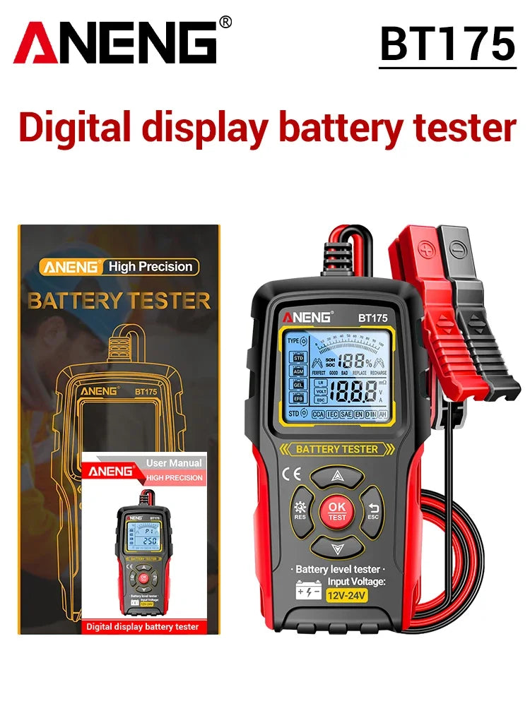 12V 24V Car Battery Tester Digital Automotive Load Tester 50-1999 CCA Battery Analyzer ANENG BT175 With Insulated Alligator Clip