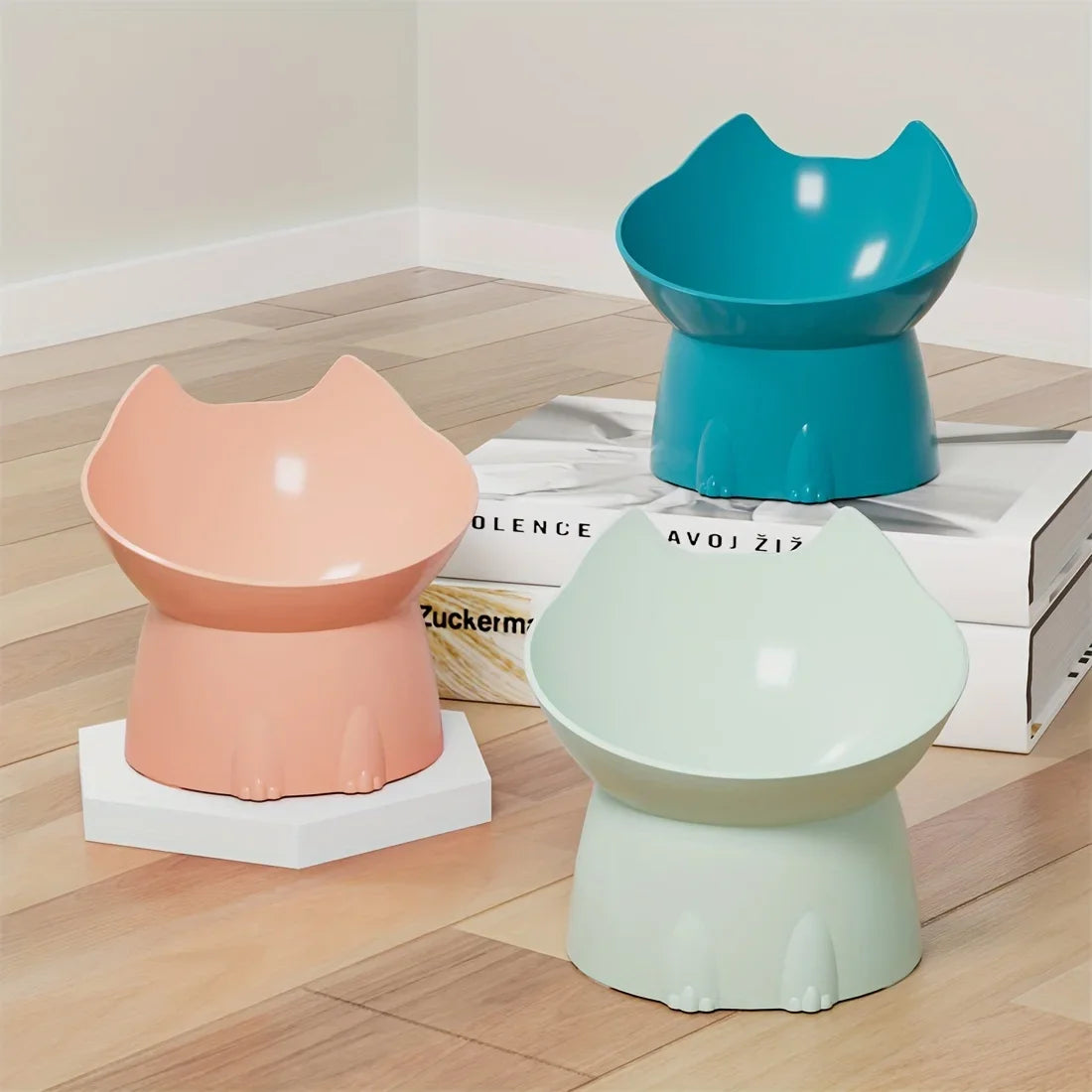 1pcs WhiskerWare Elevated Cat Bowl, Anti-Tip Plastic Raised Pet Feeding Dish with Tilted Edge, Neck Protection Kitty Food