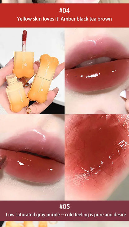 PINKCOCO Bear Doodle Mirror Lip Glaze — Long-Lasting Shiny Lip Gloss, Student-Friendly, Skin-Brightening Nude Lipstick