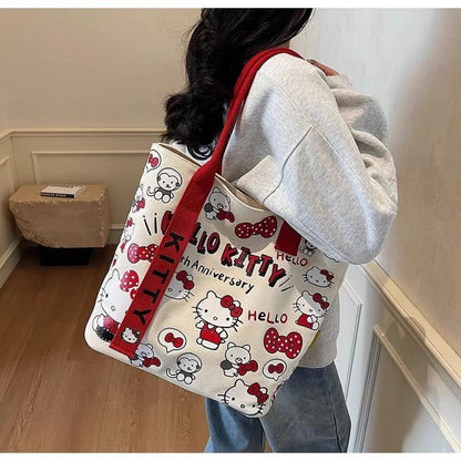 Sanrio Hello Kitty Canvas Shoulder Bag, Large Capacity Storage Bag, Casual Handbag, Multifunctional Birthday Surprise Gift