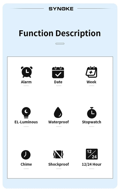 SYNOKE Digital Watch Student Electronic Outdoor Sports Boy Luminous Waterproof MultiFunction Watch Retro Square Watch