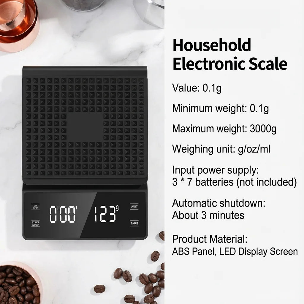 3kg/0.1g Coffee Scale with Timer Kitchen Tools Digital Multifunction Weighing Scale Pour Over Drip Espresso Scale LCD Display