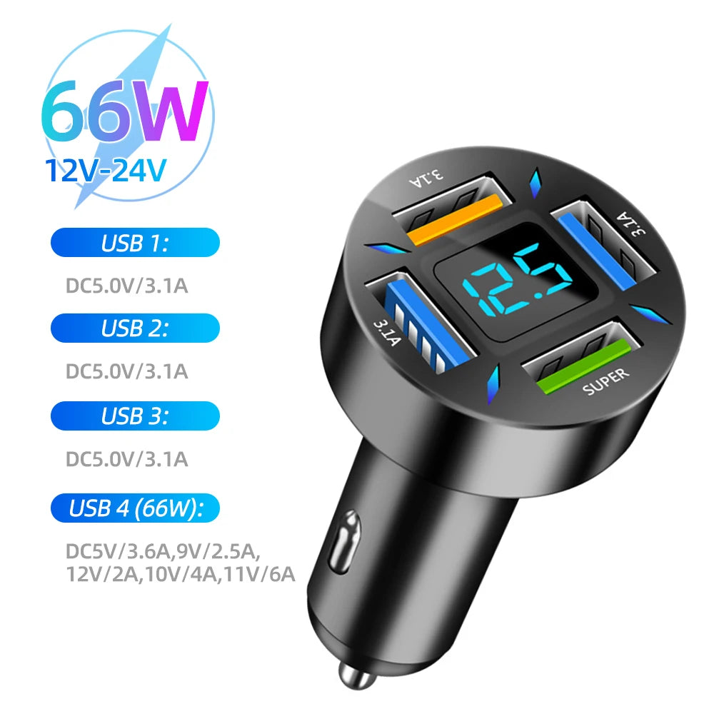 4 in 1 Car Charger Quick Charge PD QC3.0 With Voltmeter Cigarette Lighter Socket Power Adapter For IPhone11 12 Samsung Huawei