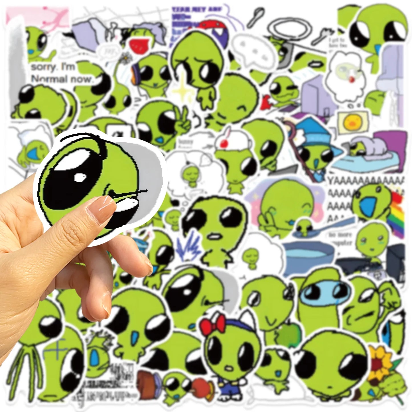 10/52pcs Green Alien Stickers DIY for Scrapbook Phone Guitar Laptop Suitcase Water Bottle Waterproof Decals Sticker Kids Toys
