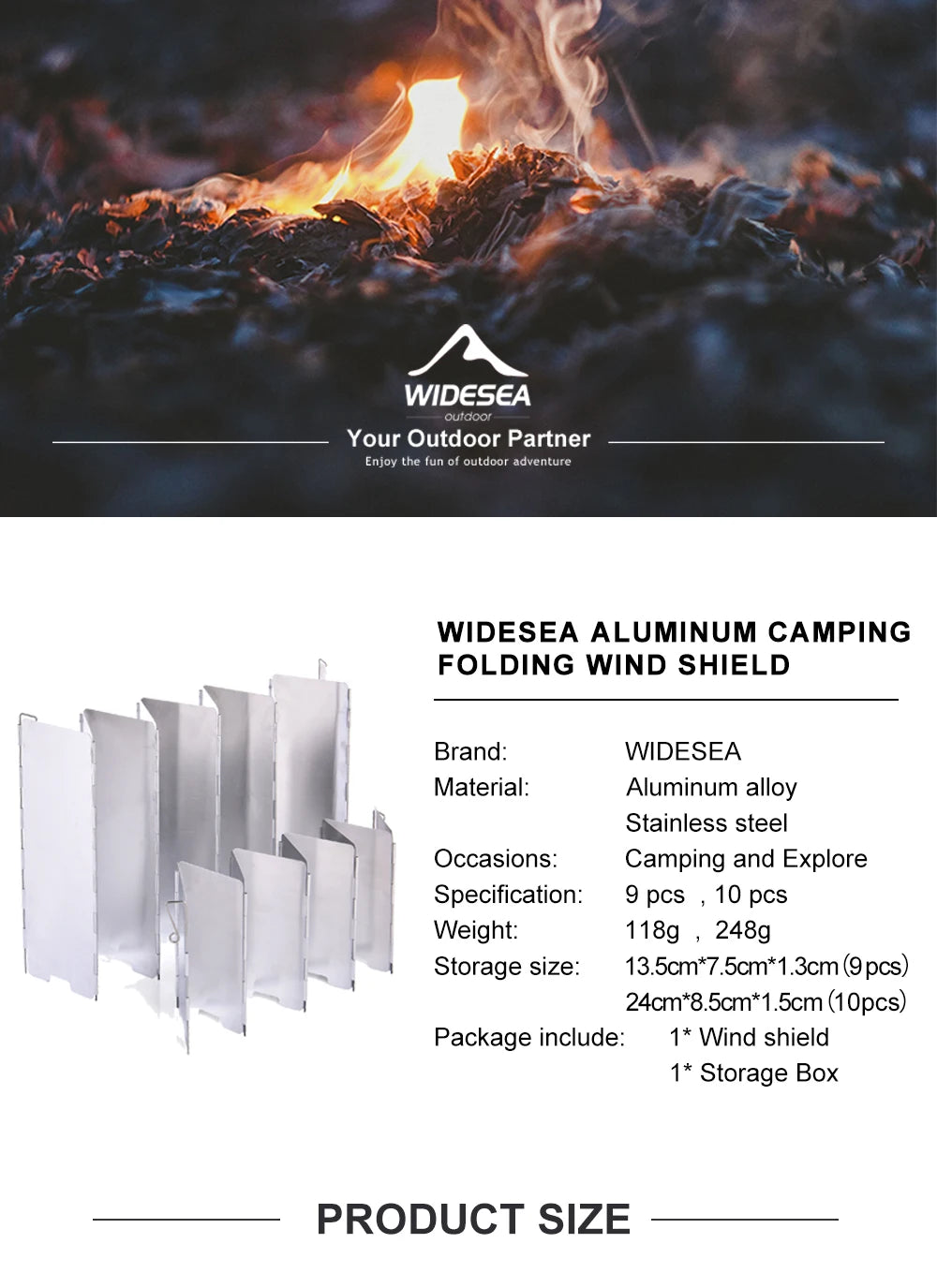 Widesea Portable Camping Wind Shield Aluminum Alloy Stainless Steel 9pcs Windproof Stove Screen with Storage Box for Outdoor Coo
