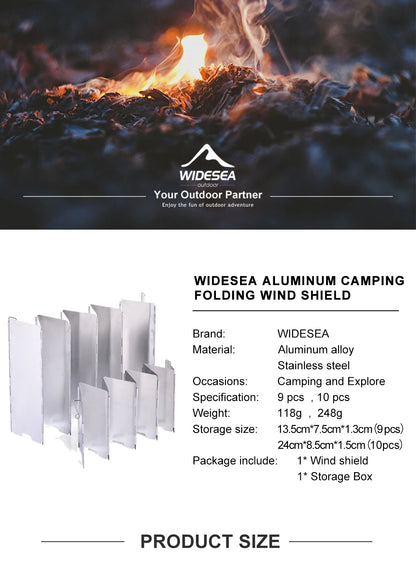 Widesea Portable Camping Wind Shield Aluminum Alloy Stainless Steel 9pcs Windproof Stove Screen with Storage Box for Outdoor Coo
