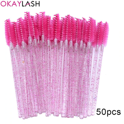 50Pcs Disposable Micro Glitter Eyelash Mascara Wands Mini Crystal Eye Lashes Brush Comb Eyebrow Spoolies Makeup Beauty Tools