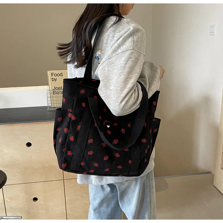 Fashion Corduroy Shoulder Bag for Women, Cute Printed Handbag, Casual Commuter & Shopping Purse, Trendy Underarm Bag