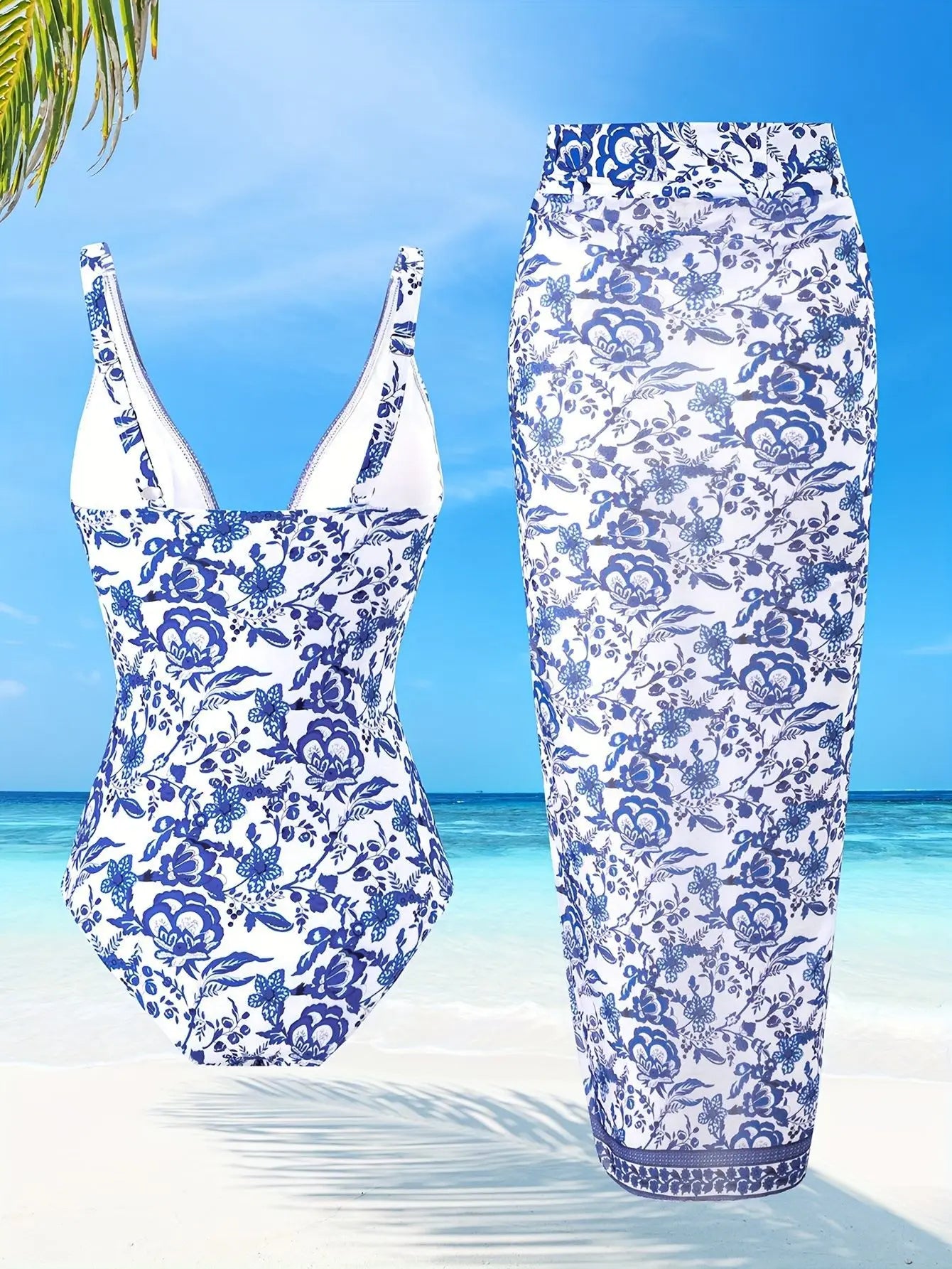 Blue One-Shoulder Ruffled Print Floral Swimsuit Set Cover Up Single Piece Micro Monokini Sexy Swimwear For Girls Summer Beach