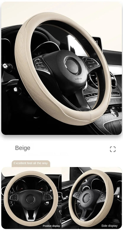 Embossed PU Leather Patchwork Car Steering Wheel Cover, Non-slip, Breathable, Universal 15 Inch (Approx. 38cm)